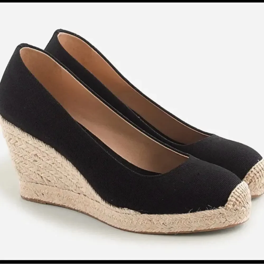 J.Crew Seville Black Canvas Wedge Espadrilles Sz 8.5 Timeless Summer Staple